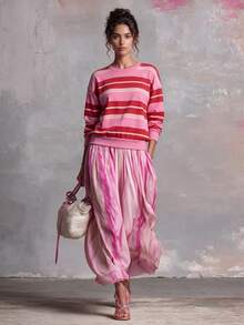 2026 Autumn/Winter Women's Casual Versatile Colorblock Striped Sweatshirt, Suitable For Shopping, Commuting, Dating And Other Occasions - Hot Pink - View 2