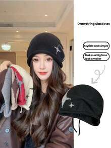 1pc Unisex Star Jacquard Drawstring Beanie Hat, Knit Headwear With Ear Protection, Warm Casual Outdoor Daily Wear, Slouchy Style - Multicolor - View 11