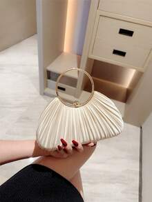 1pc Women's Elegant Pleated Box Design Party Clutch Bag, Luxury Rhinestone Handbag, Charming Formal Evening Bag, Bridal Wedding Accessory, Gift For Her - Apricot - View 4