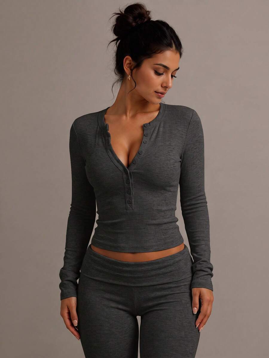 XLLAIS Spring/Summer Button Knit High Elasticity Top - Dark Heather Grey - View 1