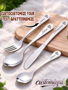 Personalized 4-Piece Stainless Steel Cutlery Set - Customizable Engraving, Cute Bear Pattern, Romantic Couple Gift, Suitable For Daily Use, Anniversary Gift, Wedding, Silverware Set - Multicolor - Valentine's Day - View 3
