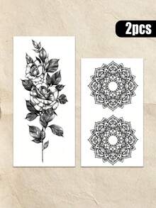 2pcs Waterproof Temporary Transfer Tattoo, Water Transfer Paper, Vintage Boho Gothic Style, Sketch Rose & Mandala Flower Pattern, Delicate Line Details, Long Lasting Fake Tattoo Stickers, Body Art Decals For Women, Suitable For Chest, Shoulder - Black - View 9