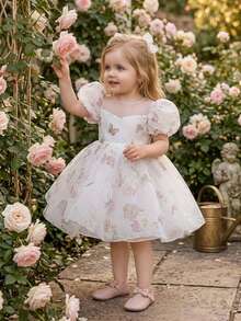 Baby Girls Puff Sleeve Beaded Bow Print Organza Cute Flower Girl Dress, Suitable For Party, Outdoor Outing, Evening Event, Fabric Pattern Random Cut, Headband Not Included - Multicolor - View 2