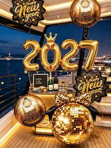 Set 6 Balon Tahun Baru 2027, Balon Disko Mahkota Emas Angka 2027 Motif Leopard dengan Pita, Cocok untuk Dekorasi Pesta Disko Retro Hitung Mundur Malam Tahun Baru - Edisi Tahun Baru - View 2