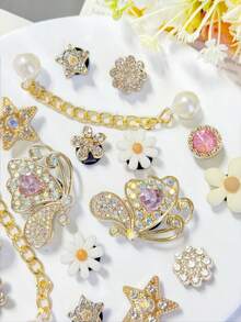 18pcs Gold Base Pink Rhinestone Chain Shoe Charms, Butterfly Heart Four-Point Star Flower Detachable DIY Accessories, Compatible With Perforated Sandals And Slides, Holiday Gift - Gold - View 4