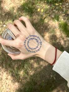 1 Lembar Stiker Tato Sementara Mantra Melingkar, Tato Palsu Tulisan Spiritual Bulat, Stiker Seni Tubuh Tahan Air untuk Lengan, Siku, dan Pergelangan Tangan - Hitam - View 3