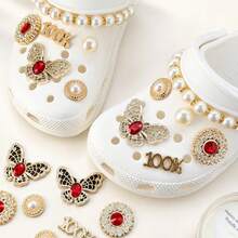 12pcs Gold Red Rhinestone Pearl Clog Shoe Charms ABS Butterfly Rhinestone Pearl Chain Shoe Decorations DIY Shoe Accessories For Women And Girls - Gold Red Diamond Pearl Style - 12PCS - View 2