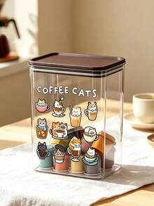 Cute Cup Cat & "Coffee Cat" Letter Pattern Coffee Storage Box, Sealed Plastic Food Container, Large Capacity, Dustproof & Moisture-Proof, Kitchen Countertop Coffee Station Organizer, Decoration, Kitchen Countertop Storage, Coffee Lover Gift - Multicolor - View 6
