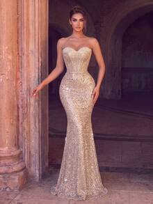 Elegant Women's Luxury Mermaid Evening Gown, Embellished With Sequins And Pearls, Cold Shoulder Long Backless Design, Suitable For Grand Balls - Champagne - View 1