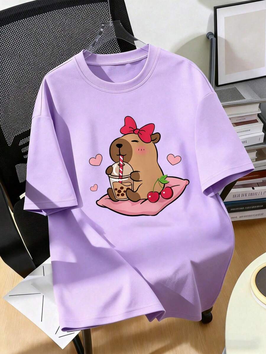 Cute Cartoon Capybara & Bow Print Anime Graphic Short Sleeve T-Shirt For Teen Girls, Suitable For Summer - Mauve Purple - View 1