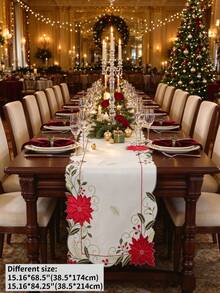 1PC 100% Polyester Christmas Embroidered Poinsettia Table Runner, Scalloped Edge Holly Berry Table Runner, Xmas Holiday Dining Table Decor For Home Party - Multicolor - View 11