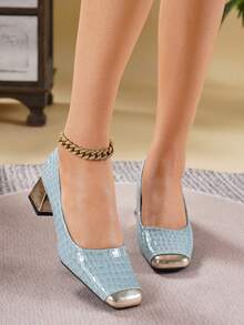 2026 New Women's Fog Blue Quilted Embossed Low-Cut Metal Toe Square Toe Chunky Heel 4.5cm Retro Commute Mid-Heel Slip-On High Heels - Dusty Blue - View 2