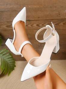 MILLION White Pointed Toe Ankle Strap Chunky Heel Elegant Dress High Heels, Suitable For Wedding, Banquet, Party And Formal Occasions - White - View 1