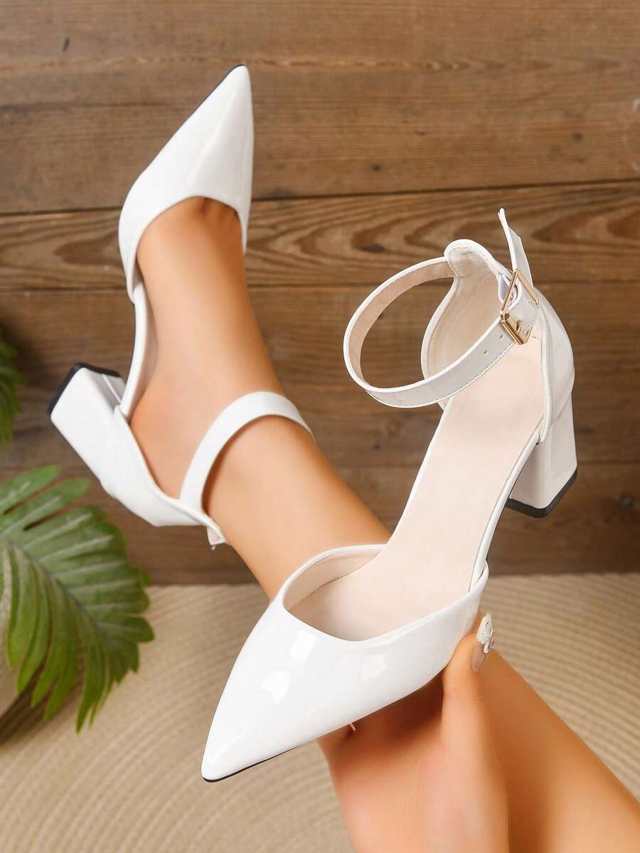 MILLION White Pointed Toe Ankle Strap Chunky Heel Elegant Dress High Heels, Suitable For Wedding, Banquet, Party And Formal Occasions - White - View 1