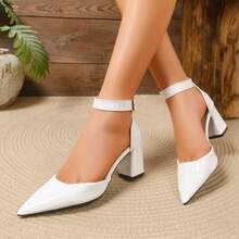 MILLION White Pointed Toe Ankle Strap Chunky Heel Elegant Dress High Heels, Suitable For Wedding, Banquet, Party And Formal Occasions - White - View 8