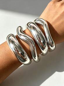 4/1pc Vintage Exaggerated Punk Style Women's Silver Round And Wavy CCB Open Bangle Bracelet Set, Suitable For Daily Wear, Party, Vacation, Date, Wedding, Festival, Gift, Stackable - Silver - View 5
