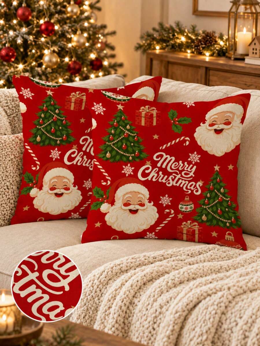 1pc Christmas Theme Plush Pillowcase (Insert Not Included) - Holiday Home Decor, Featuring Santa Claus, Christmas Tree And Gift Box Patterns, Suitable For Sofa, Bench, Living Room And Bedroom; Made Of Soft Fabric With Hidden Zipper Design; Suitable For All Seasons And Machine Washable. - Multicolor - View 1