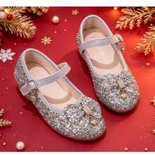 Sparkling Sequin Girls Princess Shoes, Fine Glitter Bow With Rhinestone Heart Pendant, One-Strap Magic Hook And Loop Closure, Easy To Put On And Take Off, Suitable For Performances, Birthday Parties, And Formal Dress Matching - Silver - View 3
