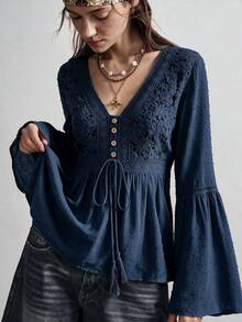 Rusttydustty Women's Bohemian Style Lace Patchwork Flare Sleeve Waist Tie Navy Blue Top, Suitable For Autumn, Halloween - Navy Blue - View 1
