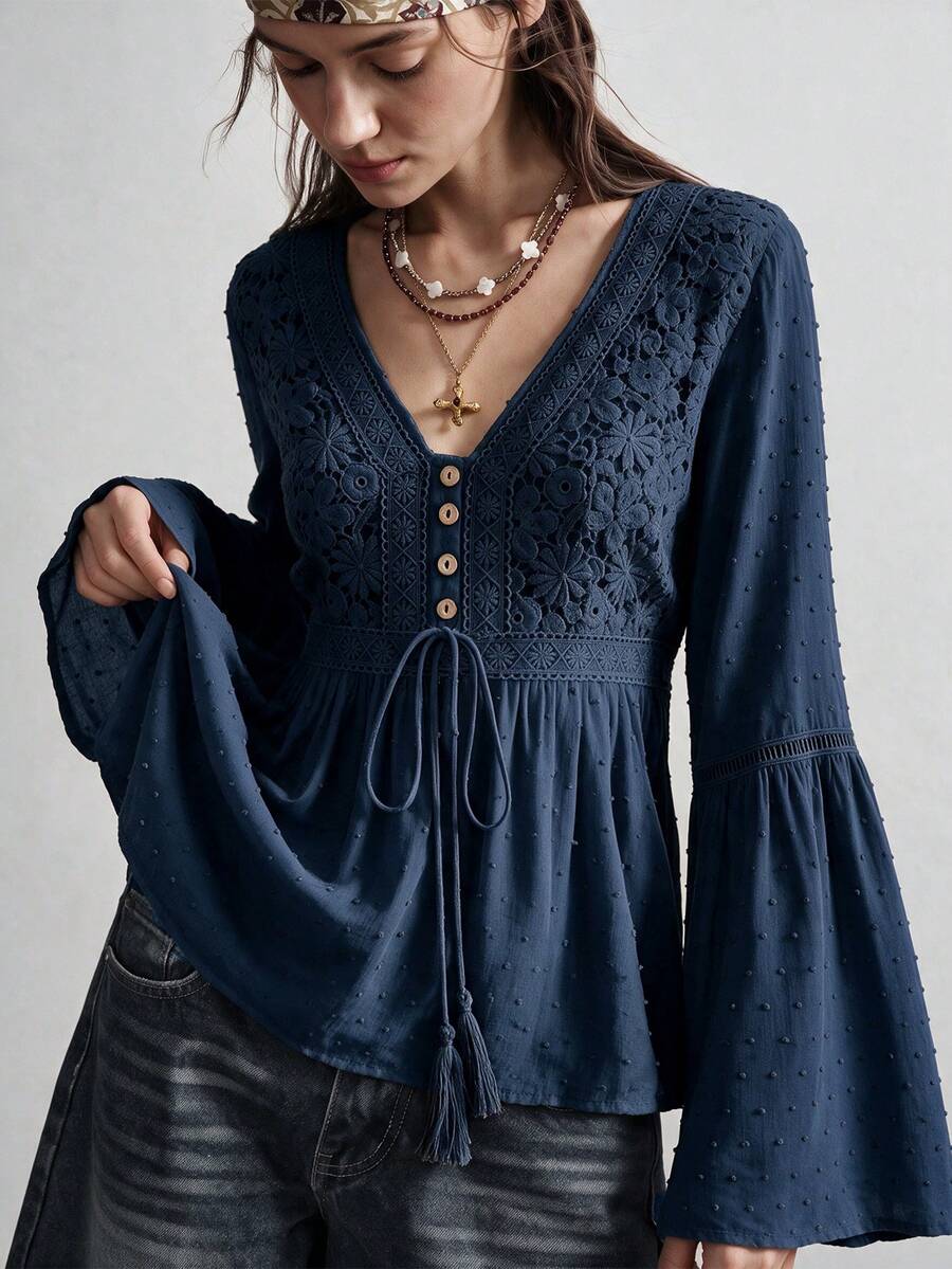 Rusttydustty Women's Bohemian Style Lace Patchwork Flare Sleeve Waist Tie Navy Blue Top, Suitable For Autumn, Halloween - Navy Blue - View 1