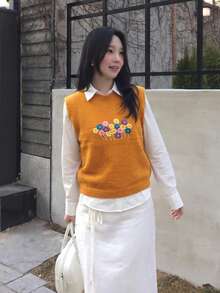 Rompi Sweater Bordir Bunga, Atasan Rajut Bergaris Tanpa Lengan Leher Bulat, Warna Oranye Lembut, Gaya Vintage Chic Kasual, Pakaian Berlapis untuk Musim Gugur untuk Wanita - Jeruk - View 2