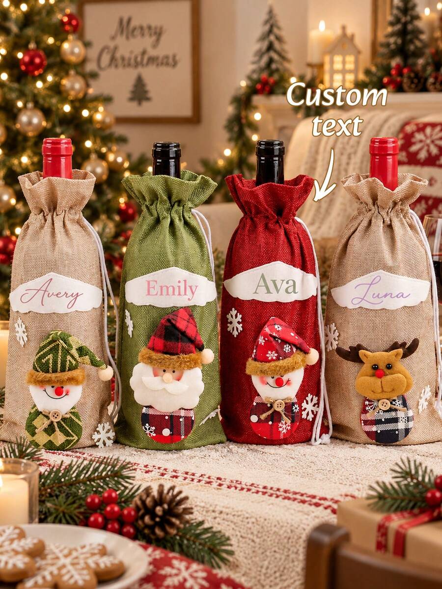 Personalized Christmas Wine Bottle Bag With Custom Text Print, Drawstring Bottle Cover With Festive Decorative Detail, Holiday Dinner Table Accessory, Christmas Gift Packaging For Hosts, Bottle Not Included