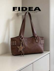 New Women's Shoulder Underarm Large Capacity Baguette Bag, Street Fashion Versatile Solid Color PU Matte Surface Rivet Inlaid Decoration With Personalized Leopard Print Star Pendant, Chic Avant-Garde Style Suitable For Daily Outings, Shopping, Commuting And Other Occasions - Coffee - View 7