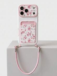 1pc Fashionable Personalized Full Screen Pink Floral & Green Leaf Pattern, Fashion Card Holder Lanyard TPU Material Shockproof Protective Phone Case, Suitable As Holiday Gift Compatible With Apple 11/12/13/14/14plus/15/15plus/16/16plus/17/17pro/18pro/18pm And Other Models Protective Cover - Multicolor - View 1