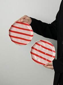 1pc/2pcs/4pcs Ins Style Cute Hand-Painted Dual-Color Striped Ceramic Plate, Breakfast Bread Plate, Western Dinner Plate, Dessert Cake Plate, Fruit Salad Plate, Holiday Gift For Family And Friends - Multicolor - View 10