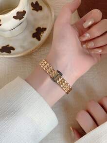 1件時尚金色圓形女款石英手錶，粉色錶盤配水鑽刻度，適合日常佩戴 - 金色 - 查看 5
