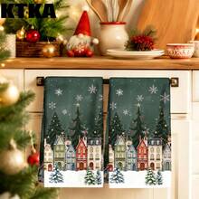 2Pcs Christmas Kitchen Towels, Snowy Christmas Town Houses & Pine Tree Print, Xmas Kitchen Decor, Winter Holiday Table Ornament, Farmhouse Christmas Home Decoration Gift - Multicolor - View 9