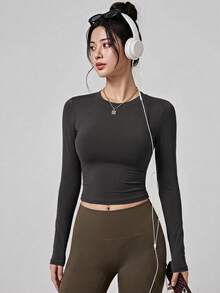 Women's Solid Color Crew Neck Compression Sports T-Shirt, - Grey - View 8