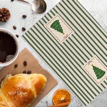 2Pcs Christmas Kitchen Towels, Striped Border Christmas Tree & Wreath Print, Xmas Kitchen Decor, Winter Holiday Table Ornament, Farmhouse Christmas Home Decoration Gift - Green - View 6