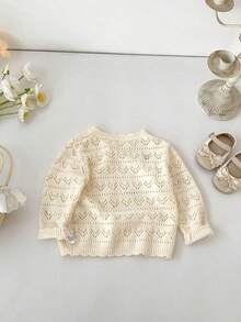 Baby Girls Spring/Autumn New Clothing, Floral Embroidered Pure Cotton Sweater, Girls Versatile Knit Cardigan, Hollow Long Sleeve Jacket - Apricot - View 2