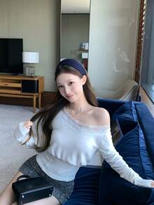Women's White Long Sleeve Knitted Sexy Asymmetric Shoulder Ruched Waist Lace Patchwork Top - White - View 6