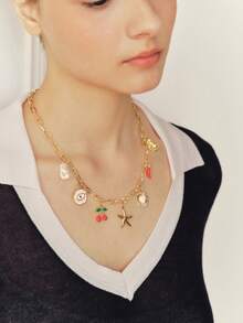 Sorayune 1pc Dopamine Cherry Heart Starfish Faux Pearl Bee Pendant Necklace - Yellow Gold - View 5