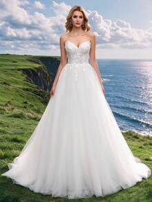 3D Floral Decor Mesh Hem Strapless Elegant Wedding Dress Spring White Fall - White - View 2