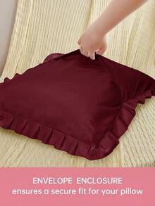 HONEYMOON 1pc Cute Ruffle Edge Pillow Case - Polyester Fabric, Romantic French Style, Ruffle Edge Cushion Cover (Pillow Insert Not Included), Envelope Closure, Wrinkle-Resistant, Machine Washable, Burgundy, Autumn Home Decor - Burgundy - View 4