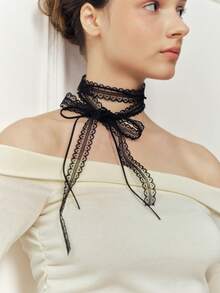 Sorayune 1pc Vintage Gothic Lace-Up Necklace For Girls, Double-Layered Bow-Knot Choker Collarbone Chain For Women Valentines - Lace - View 5