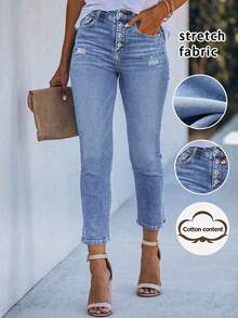 Stretchy Single-Breasted Women's Denim Skinny Casual Pants Spring Fall - Light Wash - View 2