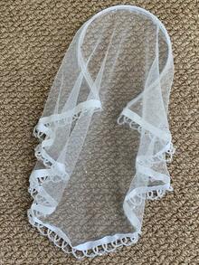 1pc Fashionable Sequin Light Ivory Veil Headband, Crystal Bead Trim Solid Color Tulle Short Bridal Hair Accessory, Party Hair Accessory - Light Ivory - View 9