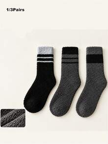 1/3 Pasang Kaos Kaki Pria Nyaman Bergaris Hitam, Kaos Kaki Musim Dingin Warna Polos Hangat Lembut Berbulu Setinggi Betis - MultiWarna - View 2
