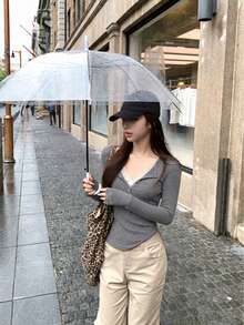 Sexy Minimalist Sexy Lace Patchwork Long Sleeve Henley Top, Women's 2 In 1 Fitted T-Shirt For Autumn - Grey - View 7