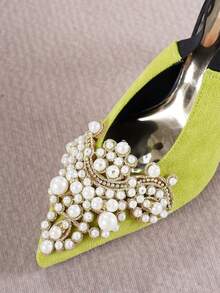 2026 New Fluorescent Yellow Women's Closed Toe Backless 9cm High Heel Sandals, Pointed Toe Pearl Rhinestone Decor, Stable Chunky Heel, Eye-Catching Wedding Evening Party Dress Shoes - Yellow - View 8