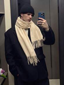 1件秋冬時尚優雅純色羊毛保暖披肩圍巾，中性休閒防寒流蘇披肩，適合日常穿著，理想節日禮物，拍照必備情侶圍巾 - 米黃色 - 查看 1