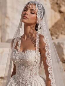 1pc Lace Soft Mesh Faux Pearl Tassel Double Layer Bridal Veil, Short Face Veil Headpiece For Cathedral Wedding, Travel Photography And Pre-Wedding Party - White - View 6