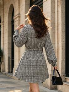 Fall Vintage Plaid Shirt Dress, Collar Long Sleeve With Pockets Drawstring Waist Retro Mini A Line Dress - Multicolor - View 3