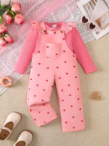 Girls Baby Autumn/Winter Pink Ribbed Long Sleeve Top & Digital Print Overalls 2 Pieces Set, Suitable For 4-7 Years Old - Pink - View 2