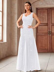 MIUSOL Sweetheart Neckline Contrast Color Sequin Lace Mesh Mermaid Hem Formal Maxi Dress Wedding Spring White - White - View 4
