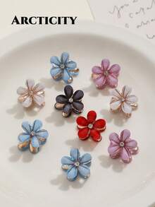 Arcticity 12pcs Mixed Color Alloy Crystal Flower Hair Clips Set, Delicate Small Flower Hair Pins, Suitable For Women - Multicolor - View 2